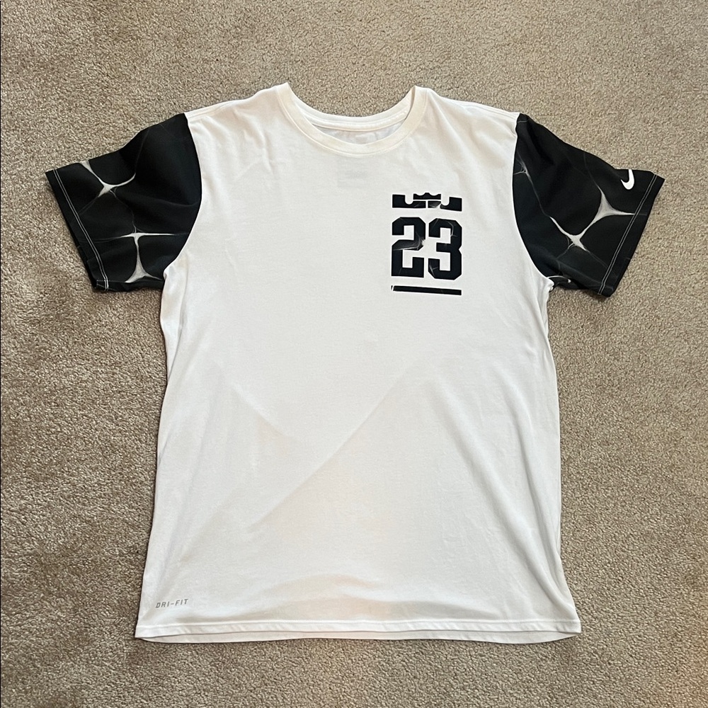 Nike White Short-Sleeve Graphic Tee with Black Patterned Sleeves and 23 Logo